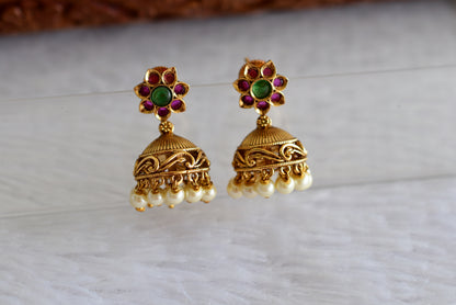 Antique gold tone kemp-green flower jhumkka dj-51929