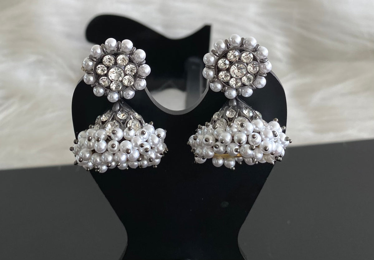 Black finish white stone lotus pearl jhumkka dj-54690