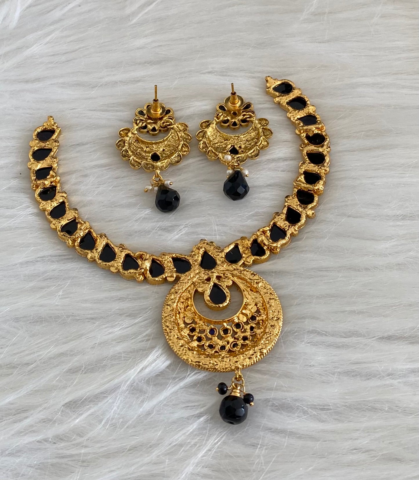 Antique gold tone black beaded pearl necklace set dj-54558