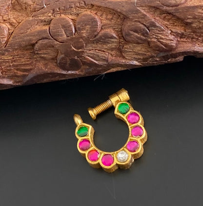 Gold tone kundan jadau pink-green-white stone nose pin dj-53721
