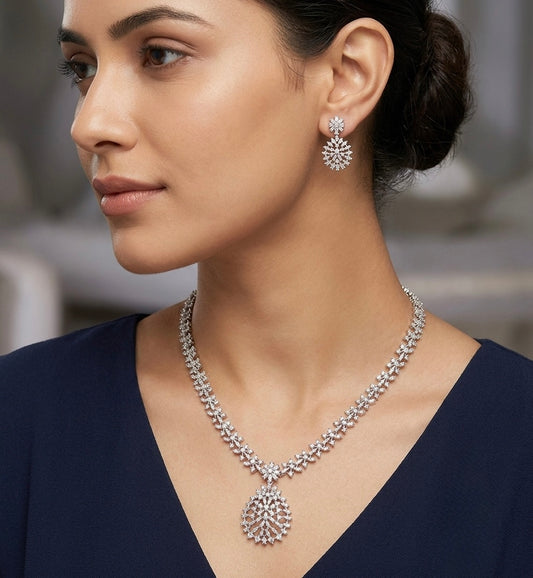 Silver tone cz white stone necklace set dj-54354