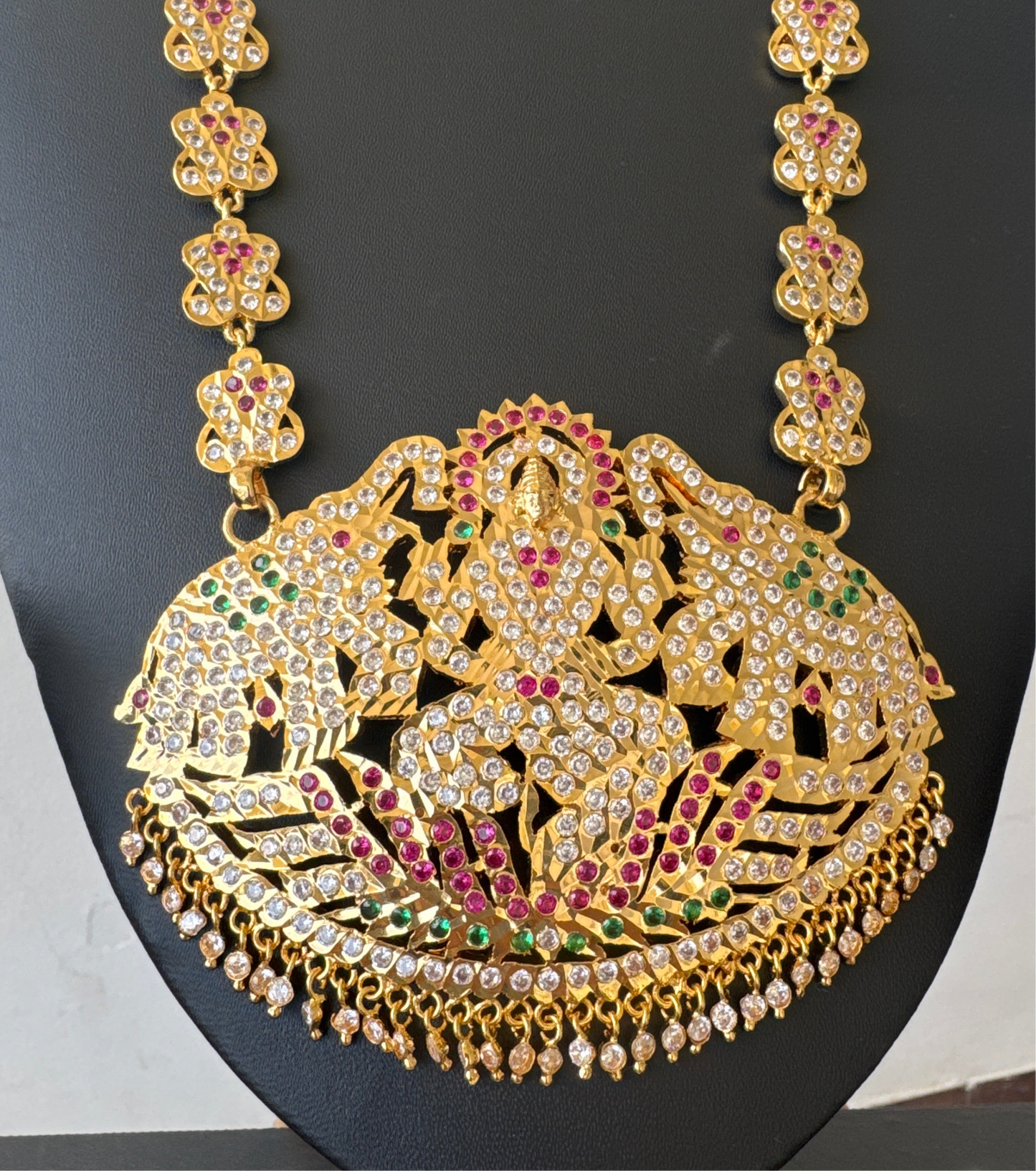 Gold tone south indian style grand AD pink-green-white gaja lakshmi haar dj-50492