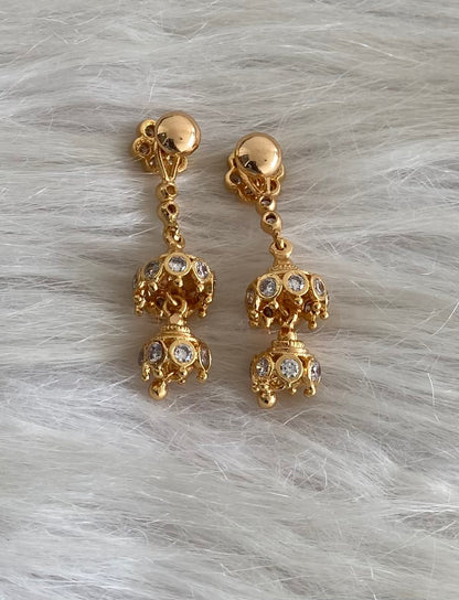 Gold tone ad pink-white stone south indian step jhumkka dj-54893