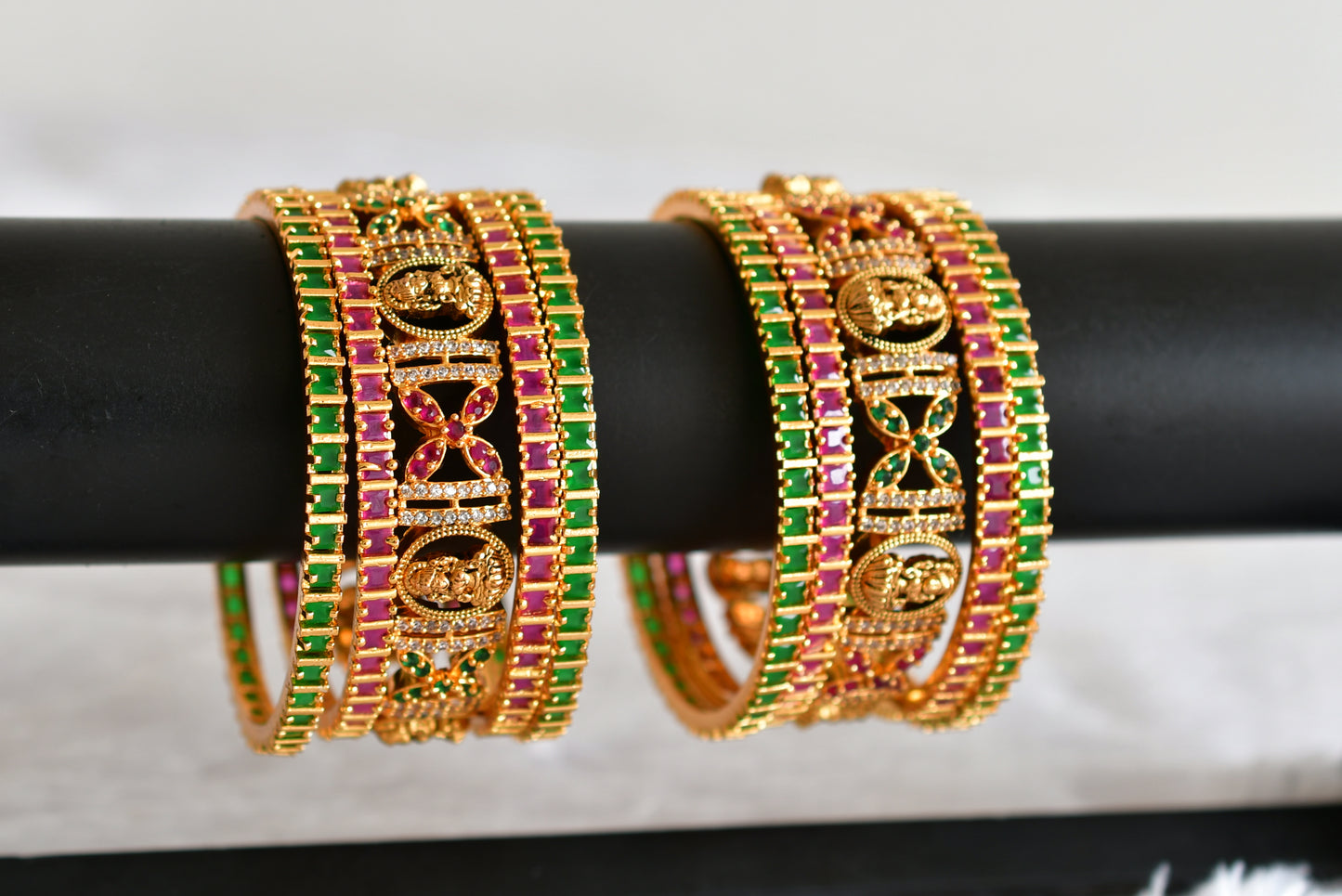 Antique gold tone cz ruby-white-green set of 10 lakshmi bangles(2.6) dj-51963