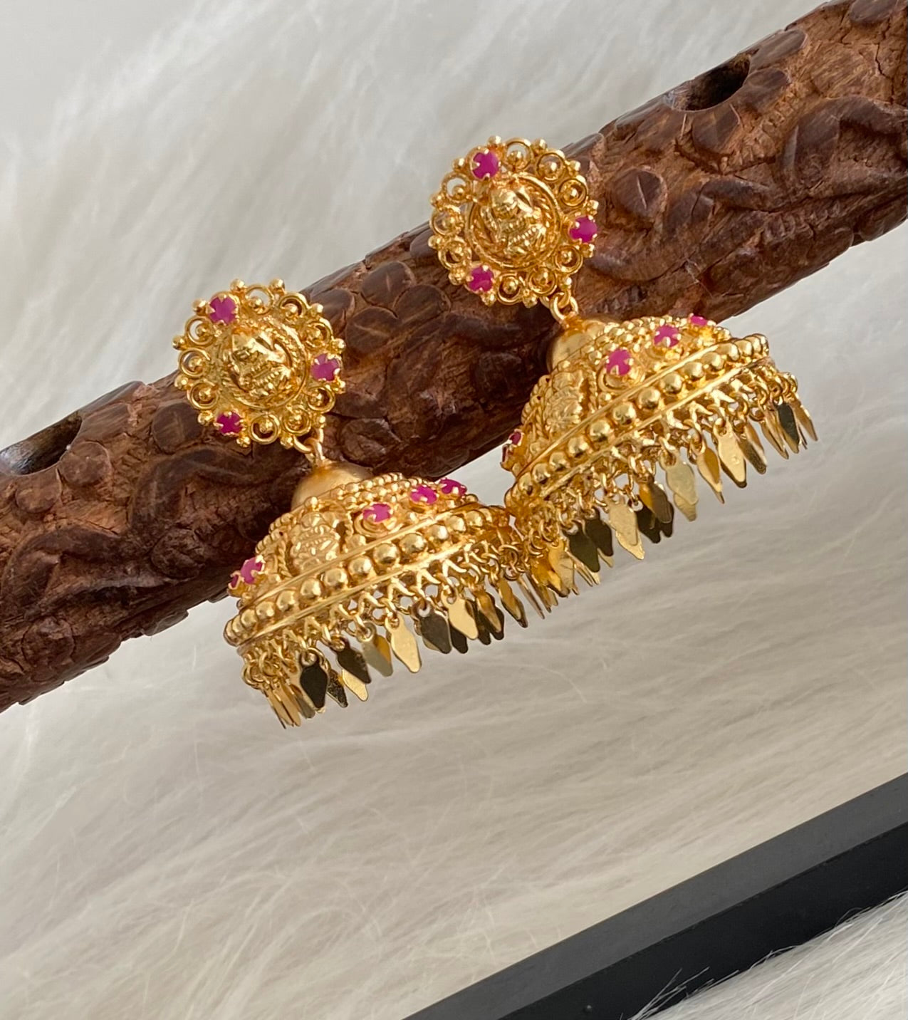Gold tone ruby stone lakshmi elakka jhumkka dj-54303
