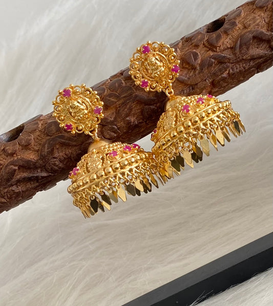 Gold tone ruby stone lakshmi elakka jhumkka dj-54303