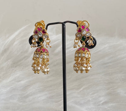 Gold tone pink-green-white stone kundan jadau pearl jhumkka dj-54589