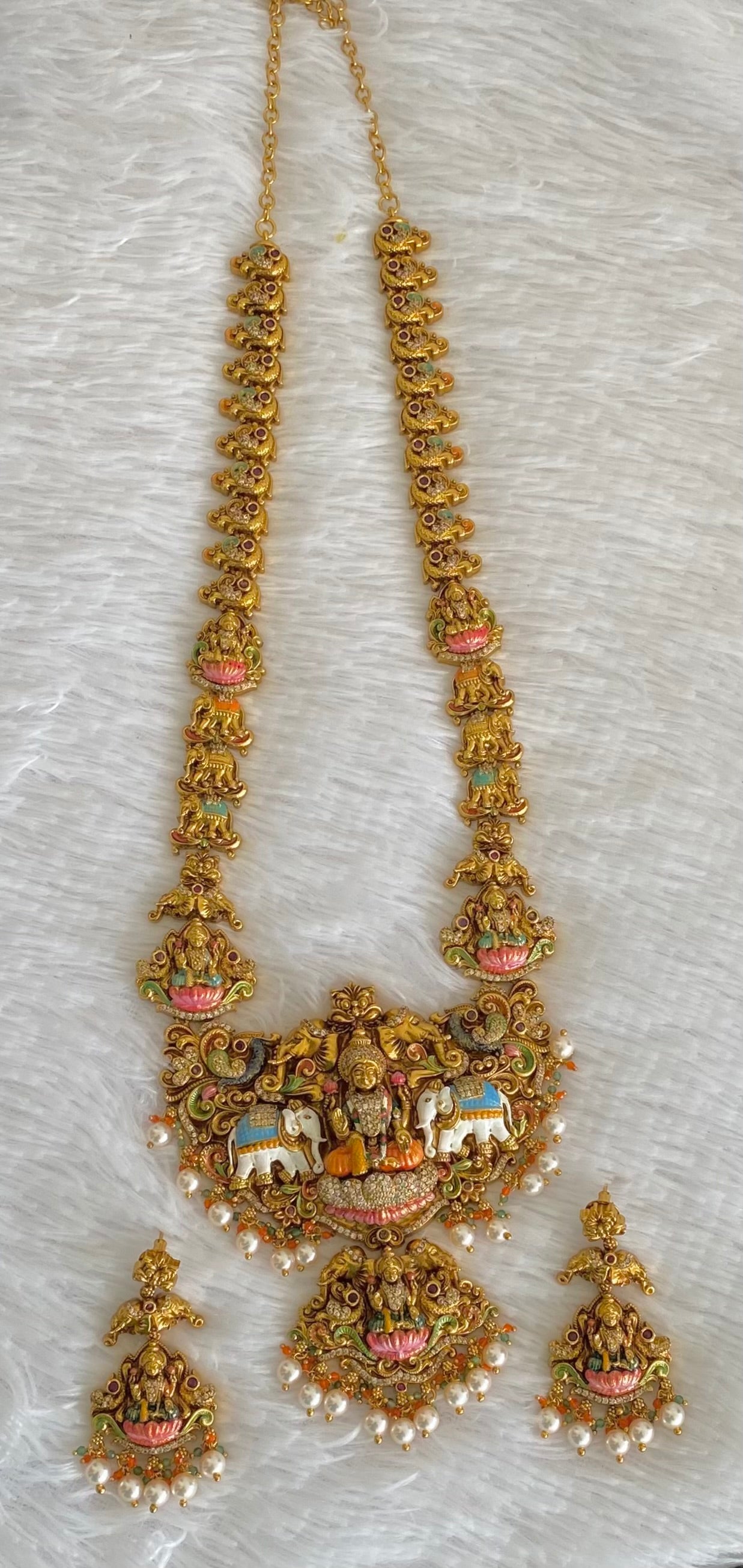 Matte finish pearl meenakari gaja lakshmi haar set dj-54095