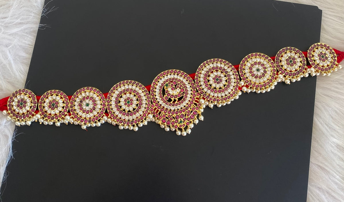 Gold tone precious kemp-green-white pearl peacock flower round waist band dj-54735