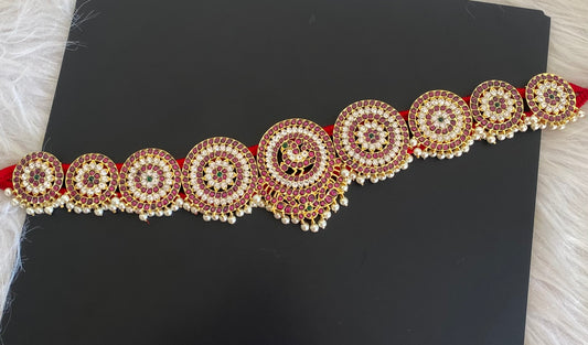Gold tone precious kemp-green-white pearl peacock flower round waist band dj-54735