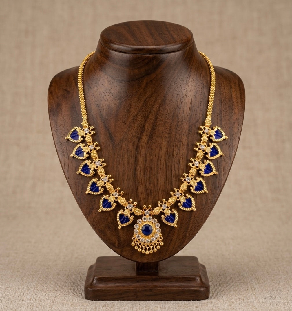 Gold tone white-blue palakka necklace dj-53061