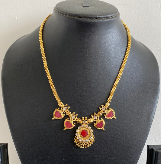 Gold tone white-red palakka necklace dj-53066