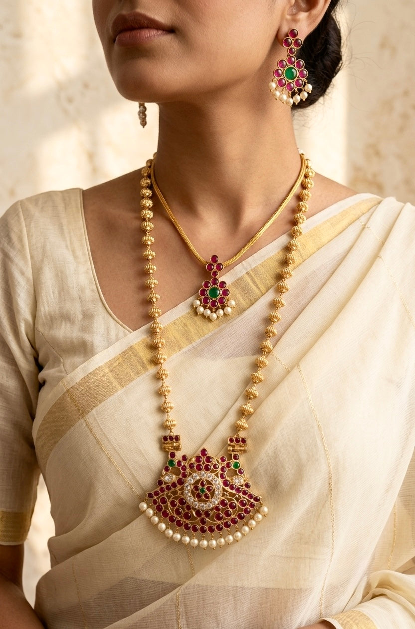 Gold tone precious kemp-green-white pearl peacock nakshi beaded combo set dj-54940