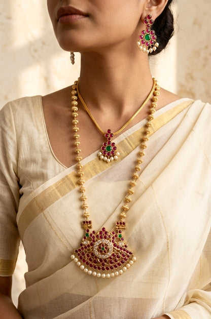 Gold tone precious kemp-green-white pearl peacock nakshi beaded combo set dj-54940
