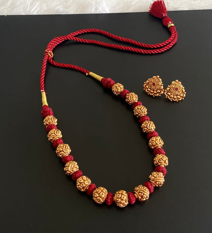 Antique gold tone maroon thread nakshi beaded necklace set dj-54952