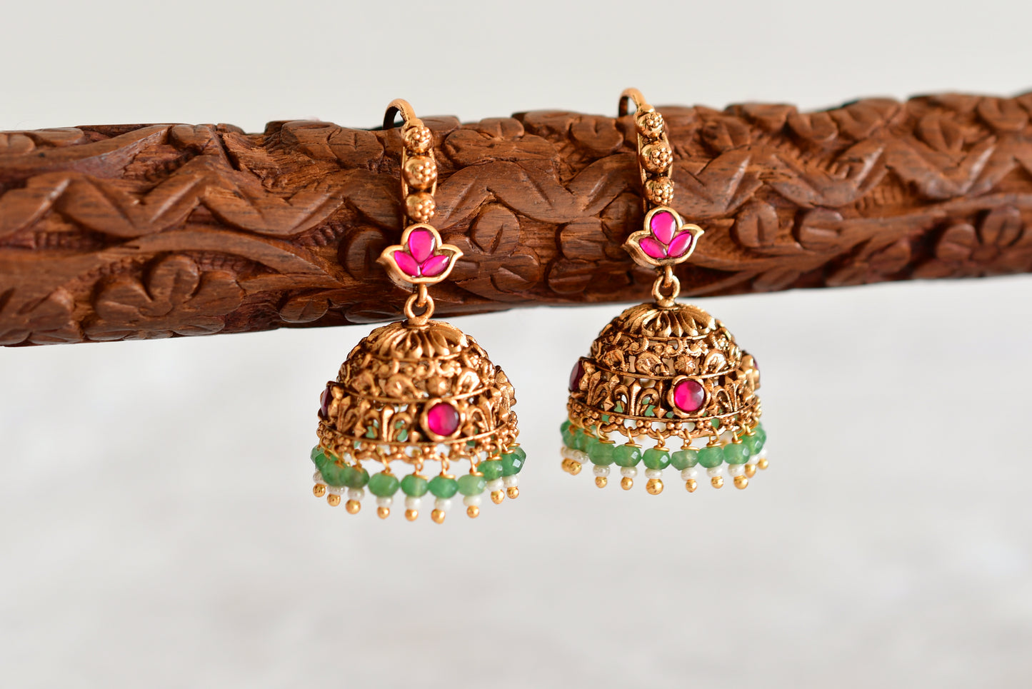 Antique gold tone pink-green beaded hook jhumkka dj-51052