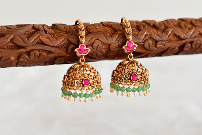 Antique gold tone pink-green beaded hook jhumkka dj-51052