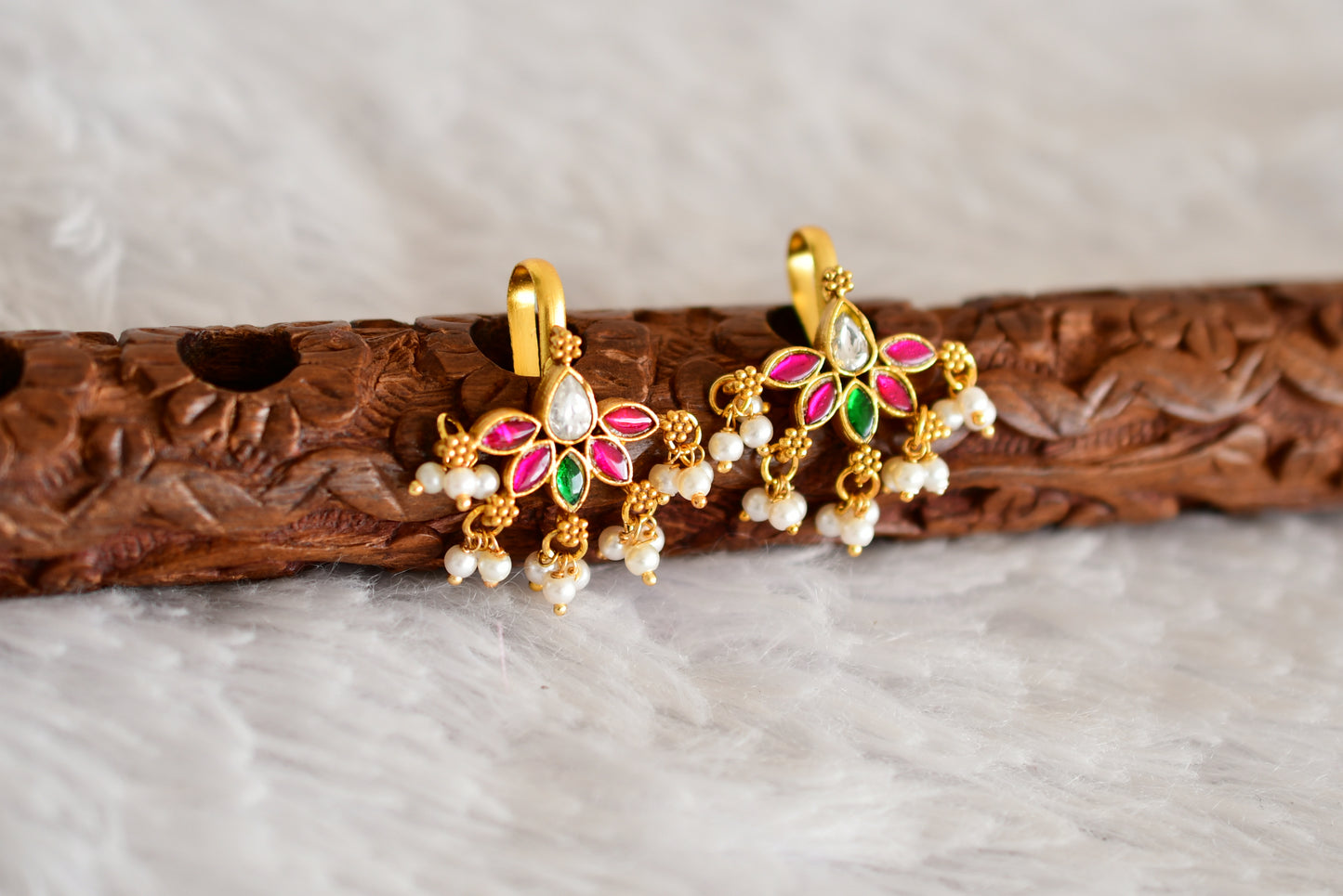 Gold tone pink-green-white kundan jadau bugadi earrings dj-52489