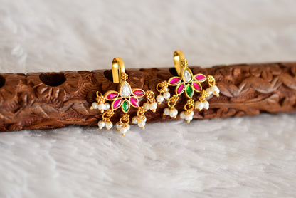 Gold tone pink-green-white kundan jadau bugadi earrings dj-52489