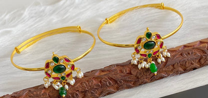 Gold tone kundan jadau kemp-green-white pearl baju band dj-53834