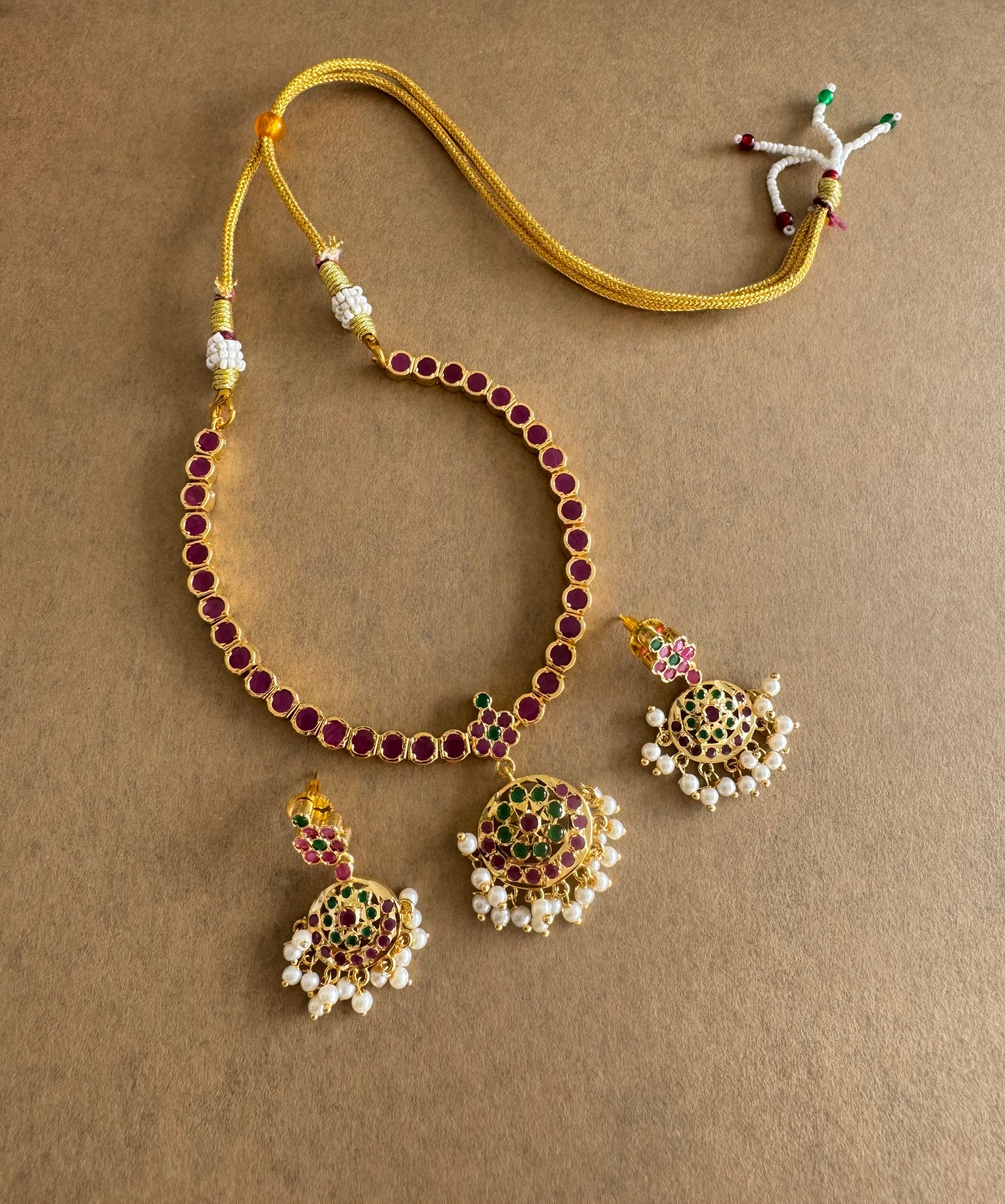 Gold tone AD ruby-green south indian style attigai/necklace set dj-51669