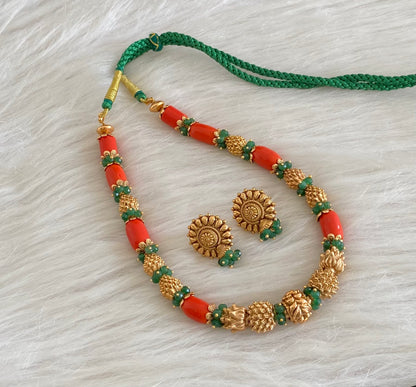 Antique gold tone flower coral-green nakshi beaded necklace set dj-54698