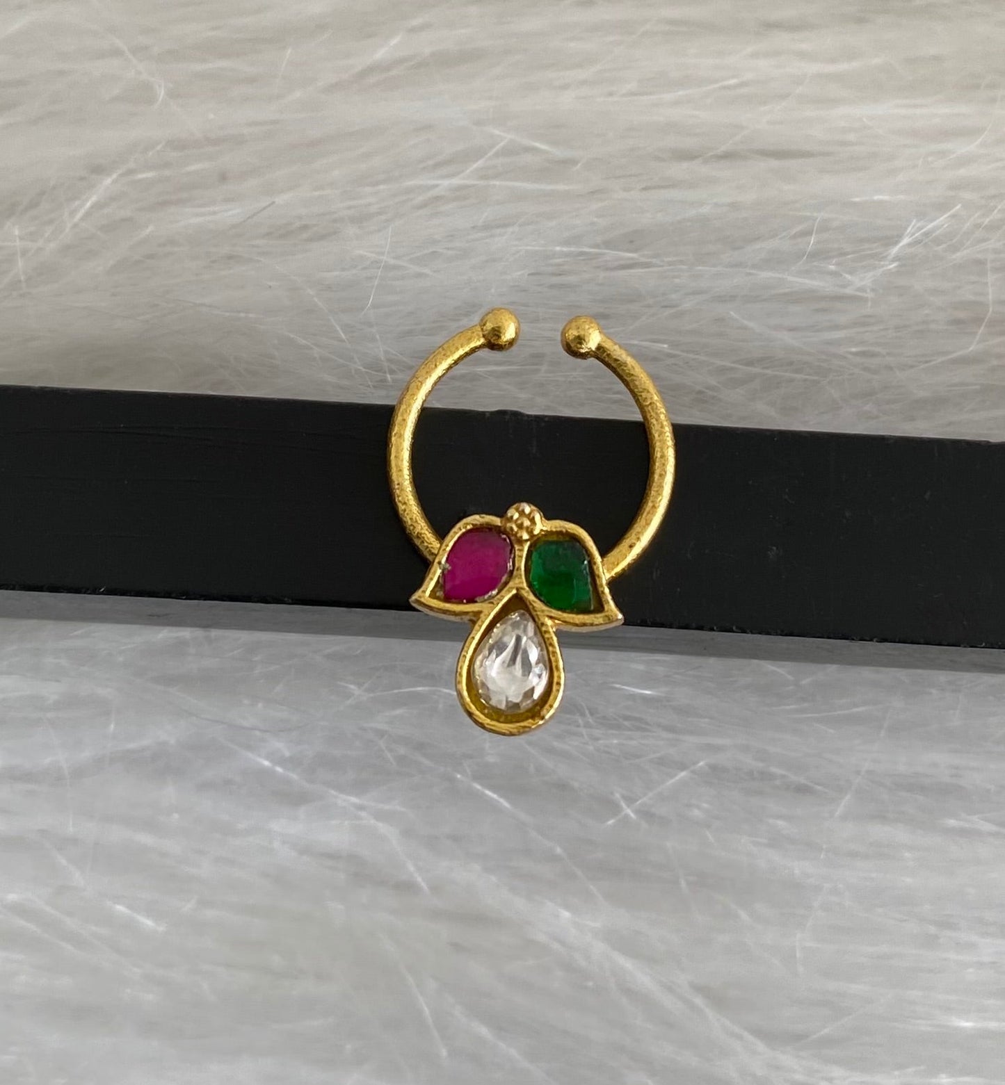 Gold tone kundan jadau pink-green-white stone nose pin/bulakku dj-53769