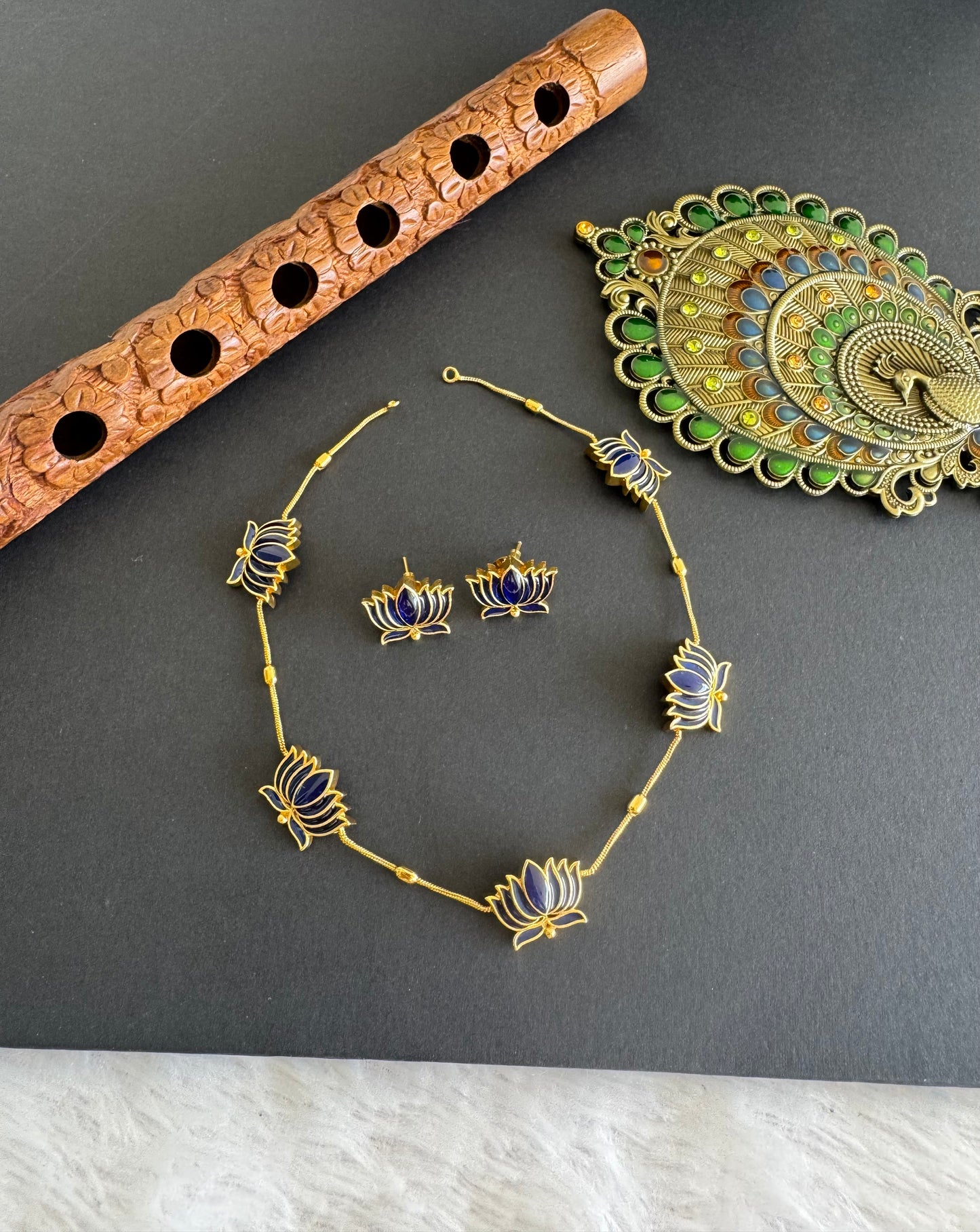 Matte finish Blue lotus enamel necklace set dj-52112