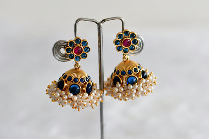 Matte finish kemp-blue pearl cluster flower jhumkka dj-51860
