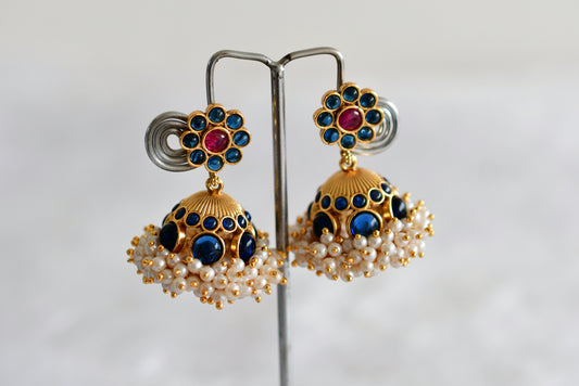 Matte finish kemp-blue pearl cluster flower jhumkka dj-51860