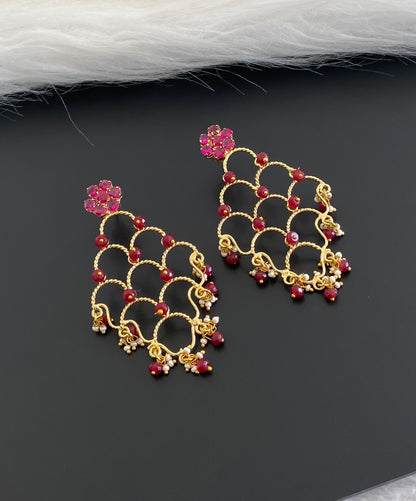 Gold tone ruby stone marron beaded long earrings dj-54645