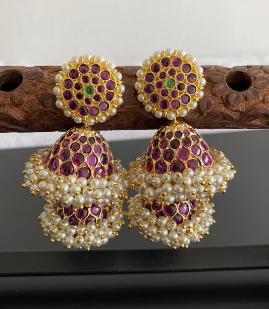 Gold tone precious kemp-green stone pearl big step jhumkka dj-53214