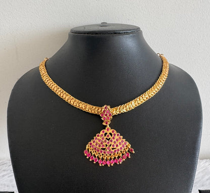Gold tone South Indian style AD pink swan attigai/necklace dj-52215