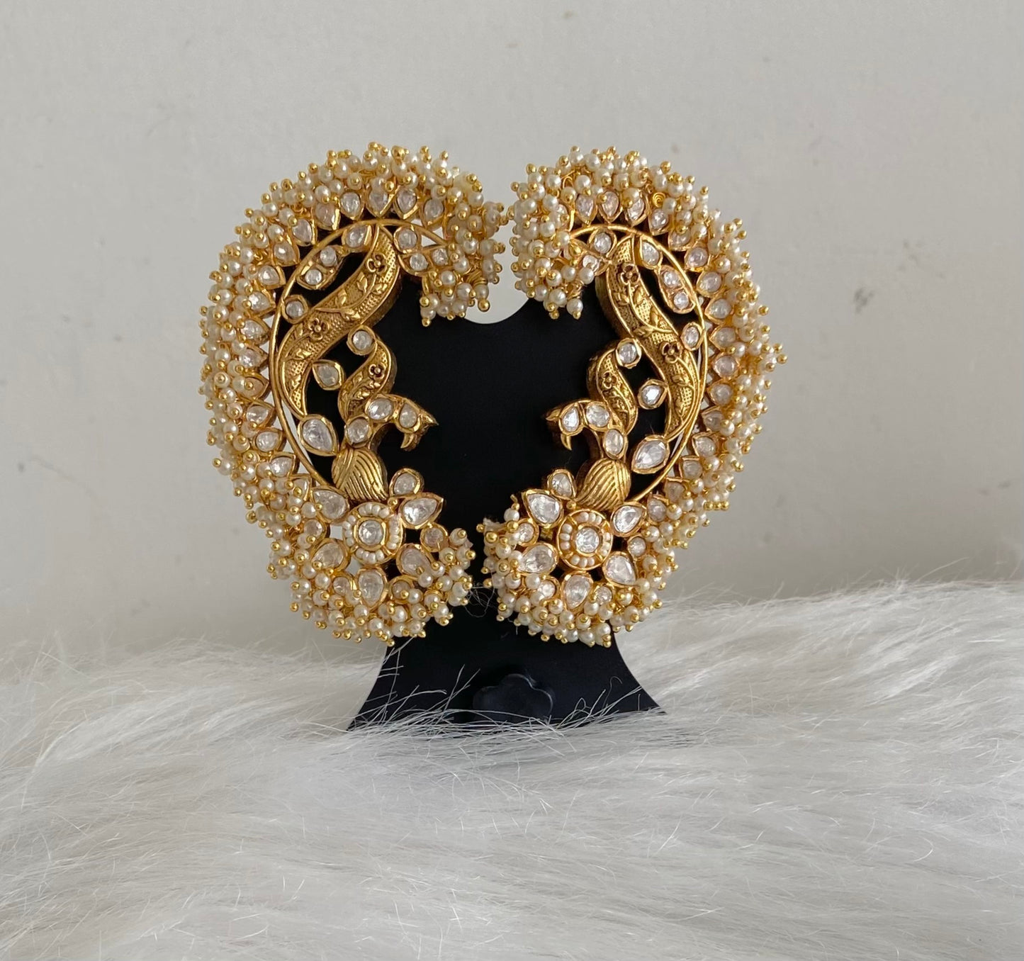 Gold tone white kundan jadau big peacock khanpool earrings dj-54572