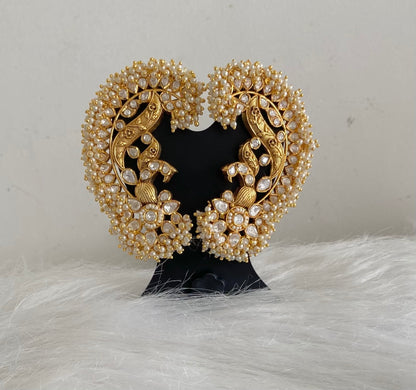 Gold tone white kundan jadau big peacock khanpool earrings dj-54572