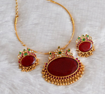 Matte finish peacock big red oval stone pendant hasli necklace set dj-51226
