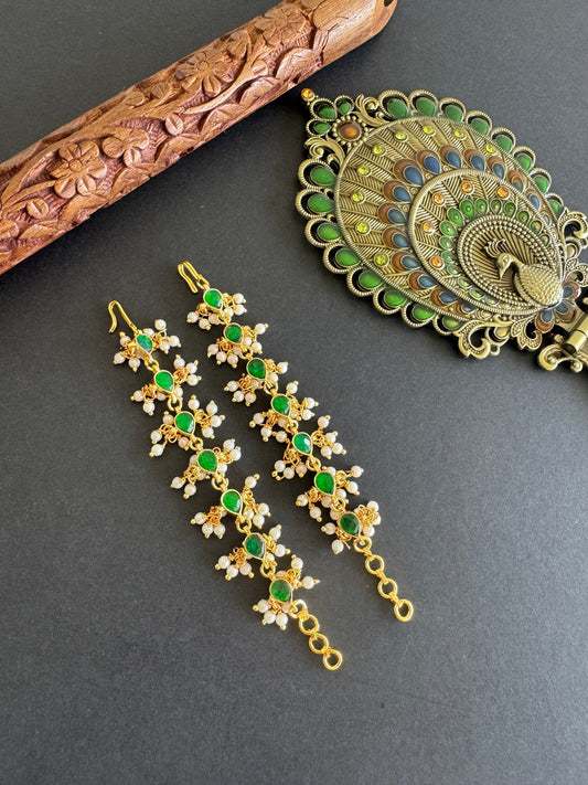 Gold tone green kundan pearl ear side chain dj-52047