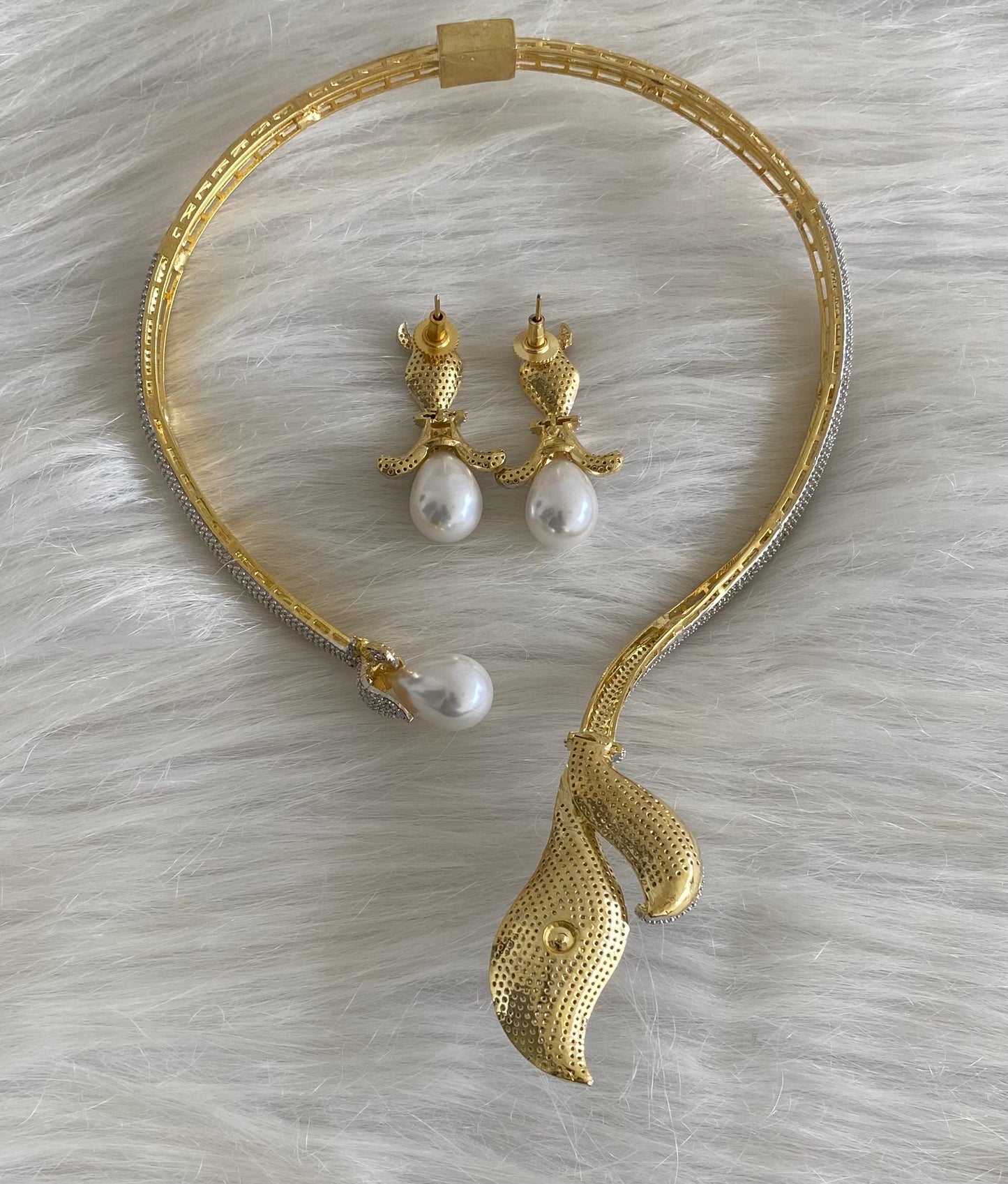 Two tone cz white stone pearl open collar/hasli necklace set dj-54350