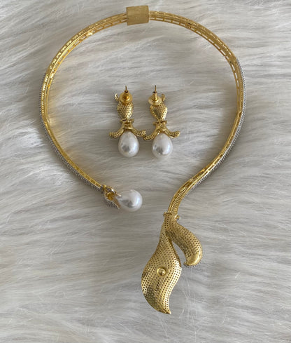 Two tone cz white stone pearl open collar/hasli necklace set dj-54350
