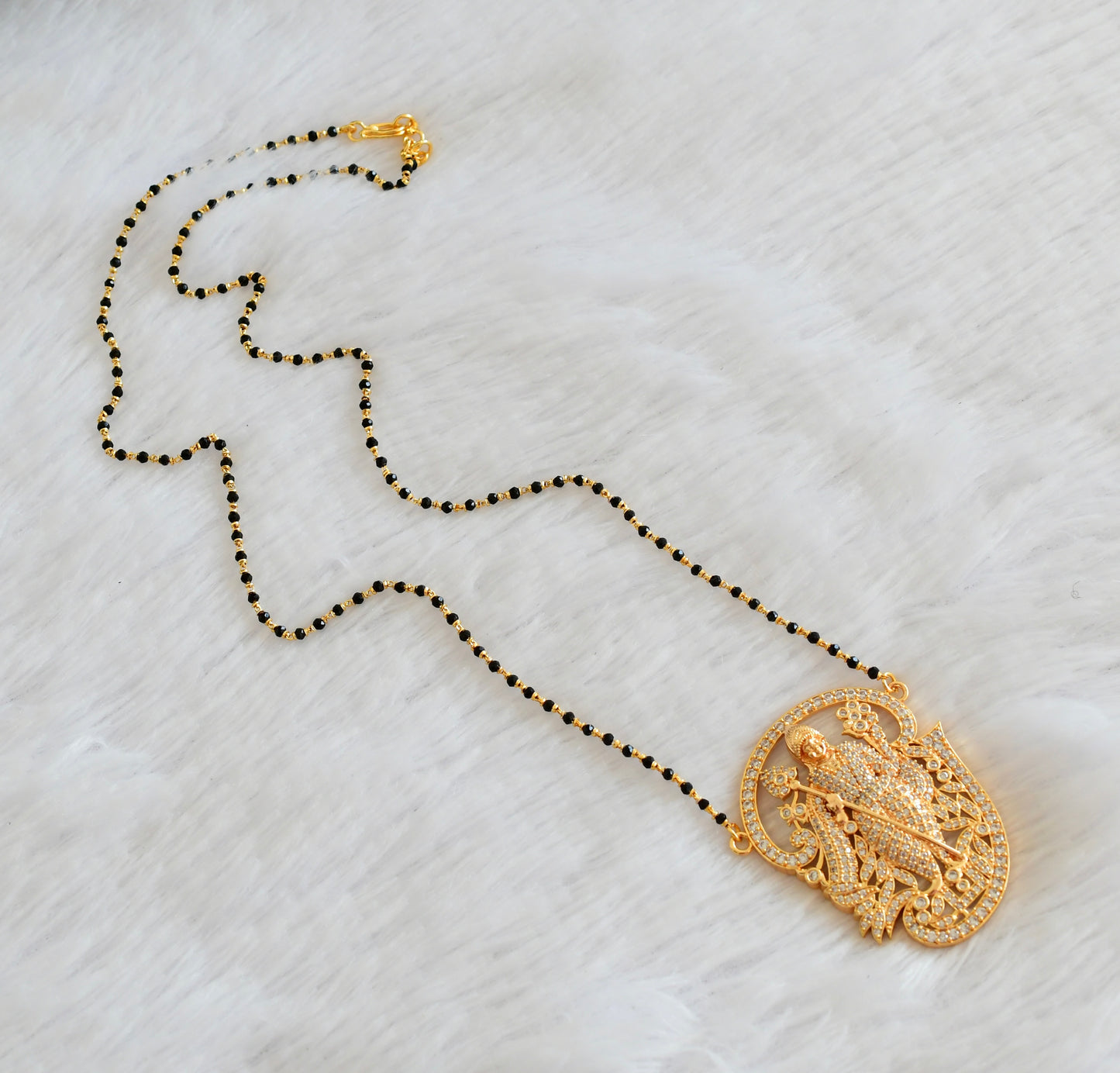 Gold tone tamil om murugan white stone pendant with crystal karimani beaded chain dj-53341