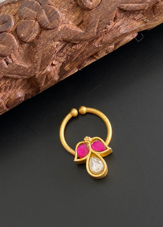 Gold tone kundan jadau pink-white stone nose pin/bulakku dj-53771