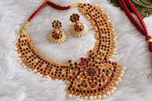 Gold tone kemp-green poothali necklace set dj-52356