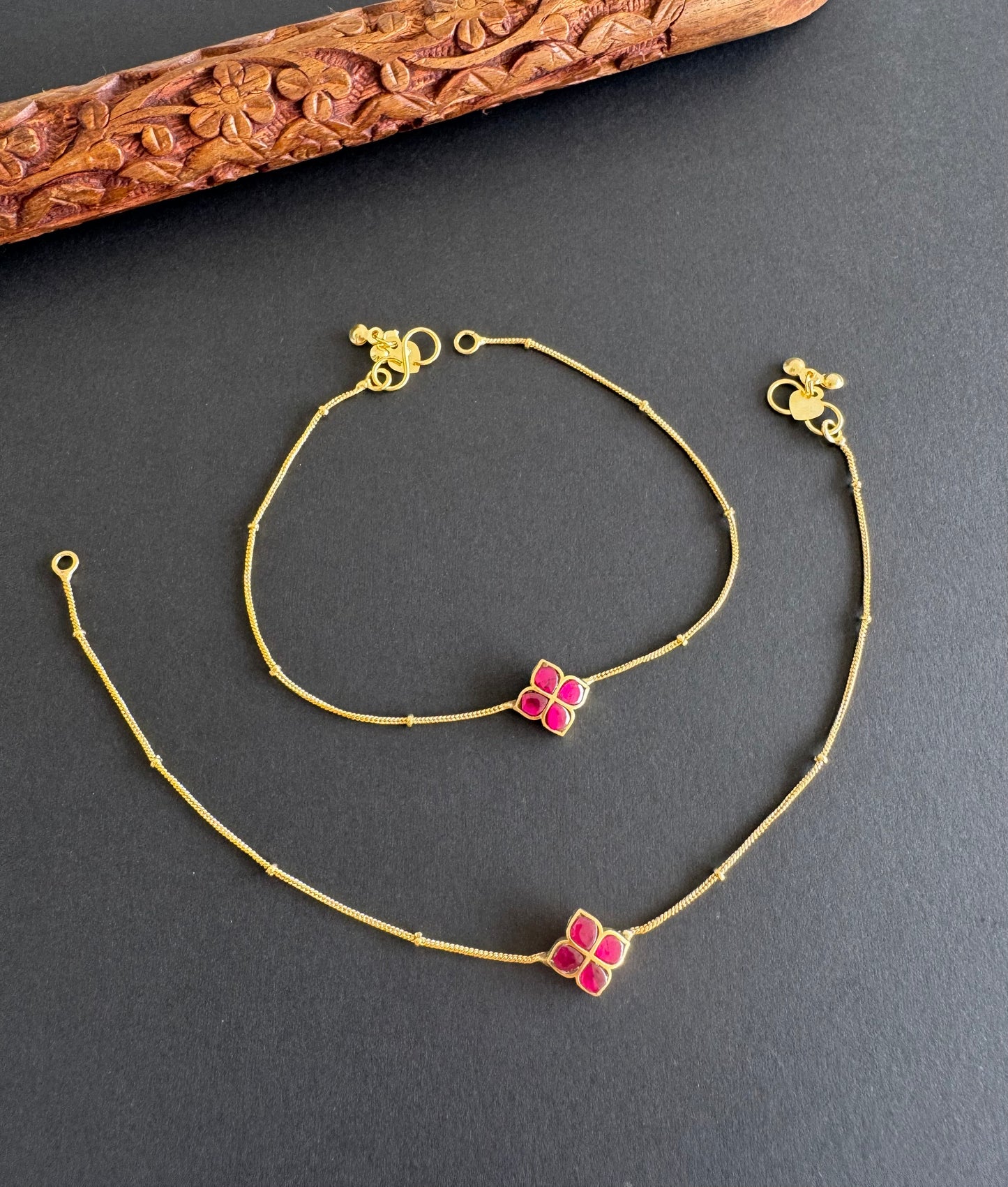 Gold tone pink flower kundan jadau anklets dj-51411