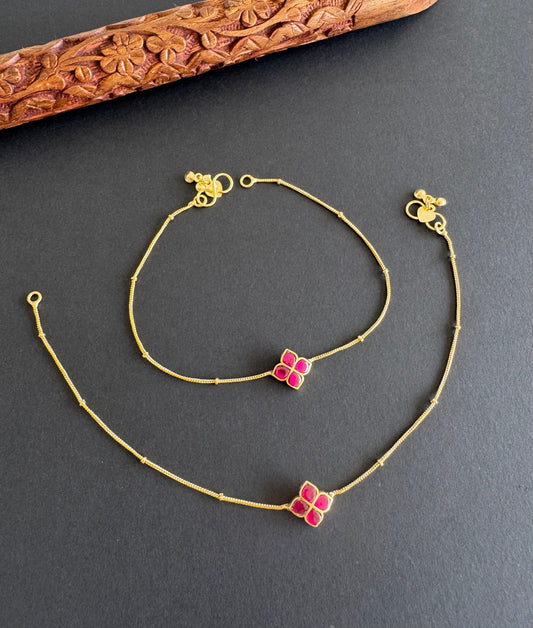 Gold tone pink flower kundan jadau anklets dj-51411