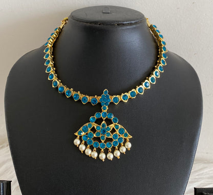 Gold tone AD cerulean blue stone pearl attigai flower necklace dj-55131