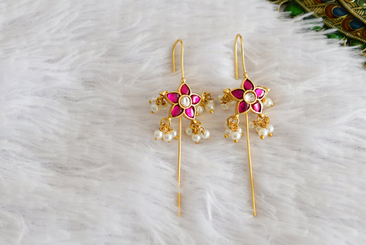 Gold tone pink-white kundan jadau flower bugadi needle earrings dj-52460