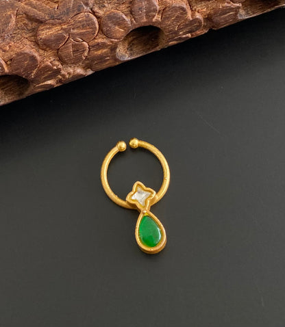 Gold tone kundan jadau green-white stone nose pin/bulakku dj-53763