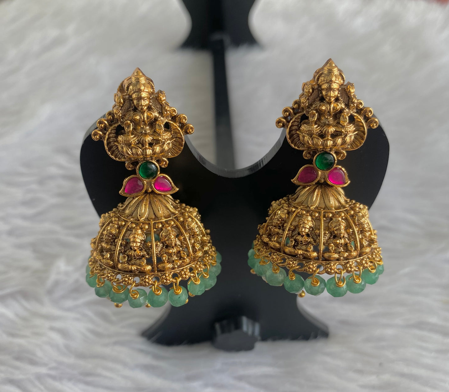 Antique gold tone pink-green beaded Lakshmi jhumkka dj-51048
