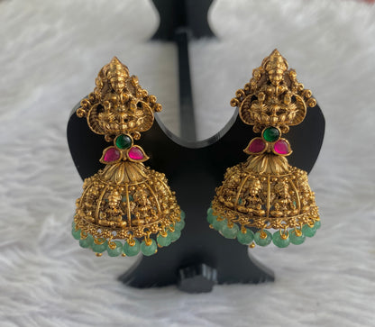 Antique gold tone pink-green beaded Lakshmi jhumkka dj-51048