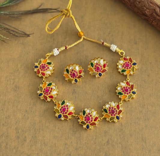 Gold tone navarathna kundan jadau lotus necklace set dj-51544